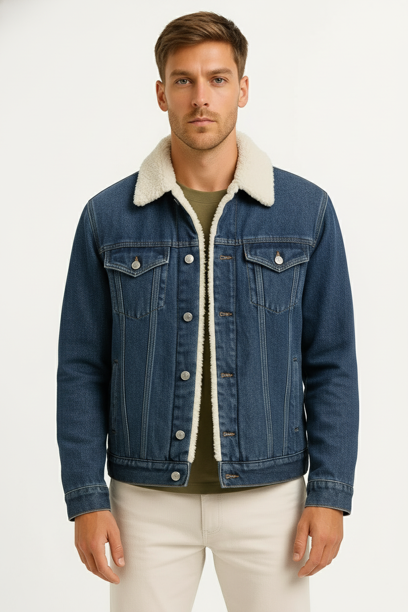 Veste Homme Jean Doublure Polaire Hiver Coupe Ample Moderne 0